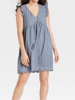 Knox Rose Dusty Blue Eyelet V-Neck Ruffle Sleeve Mini Dress